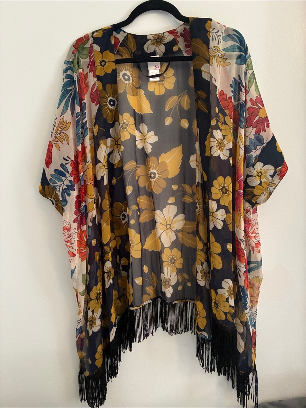 Floral Fringe Kimono Cover-Up in Navy & Mustard So